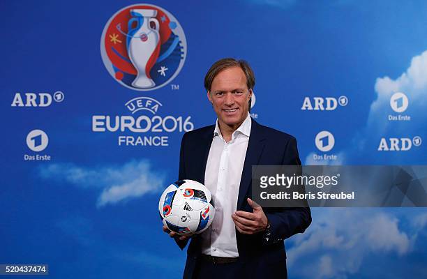 Moderator Gerhard Delling poses during a photocall prior to the ZDF UEFA Euro 2016 press conference at Radialsystem on April 11, 2016 in Berlin,...