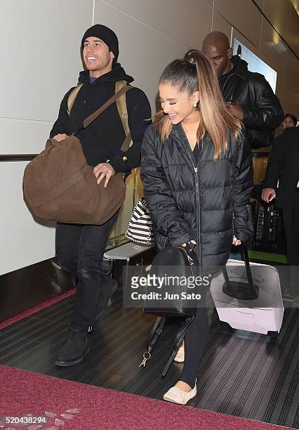 Singer Ariana Grande and boyfriend dancer Ricky Alvarez are seen upon arrival at Haneda Airport on April 11, 2016 in Tokyo, Japan.