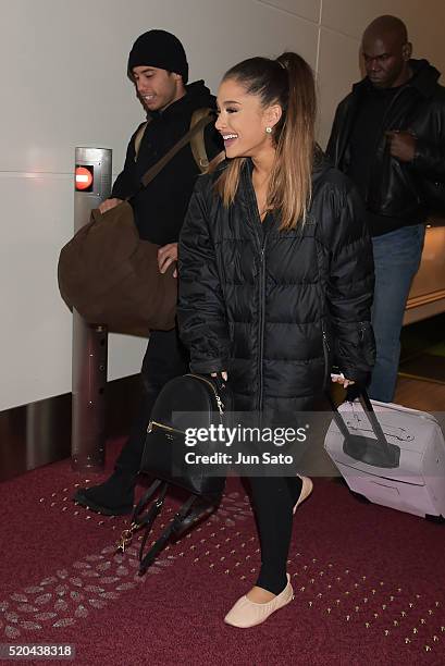 Singer Ariana Grande and boyfriend dancer Ricky Alvarez are seen upon arrival at Haneda Airport on April 11, 2016 in Tokyo, Japan.