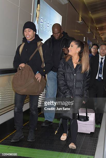 Singer Ariana Grande and boyfriend dancer Ricky Alvarez are seen upon arrival at Haneda Airport on April 11, 2016 in Tokyo, Japan.