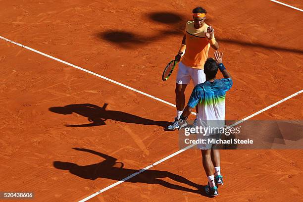 Rafael Nadal and Fernando Verdasco of Spain celebrate their straight sets victory in the doubles against Philipp Kohlschreiber of Germany and Viktor...