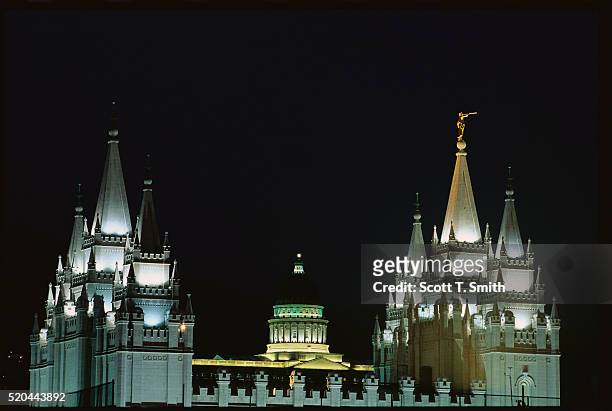 mormon temple and utah state capitol building at night - salt lake city stock pictures, royalty-free photos & images