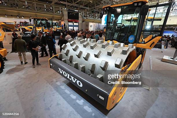 Volvo SD115B soil compactor vehicle on the Volvo Construction Equipment Corp. Stand during the Bauma construction industry fair in Munich, Germany,...