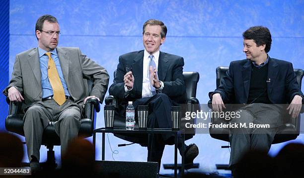 Steve Capus, Executive Producer, NBC News, Anchor Brian Williams, NBC News and Neal Shapiro, President, NBC News speak during the NBC 2005 Television...