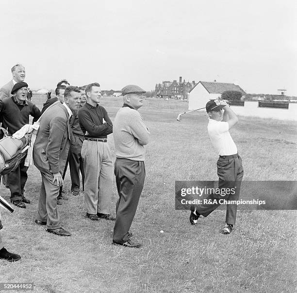 Open Championship 1962. Troon Golf Club in Troon, Scotland, held 11th - 13th July 1962. Pictured, an impromptu lesson to Gary Player from Phil...