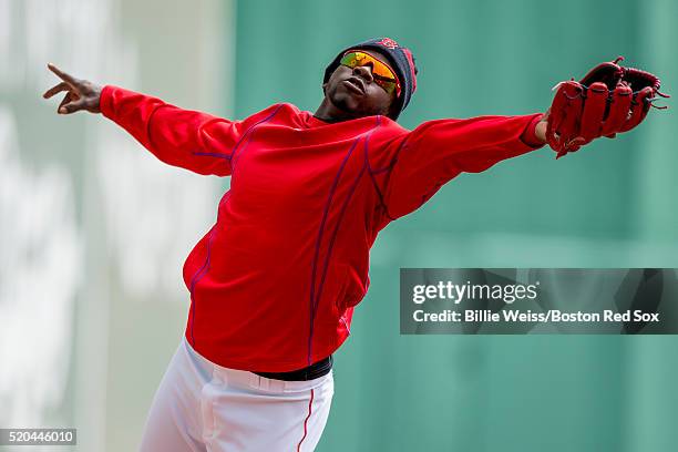 Rusney Castillo of the Boston Red Sox fields a ball off the wall during the home opener against the Baltimore Orioles on April 11, 2016 at Fenway...