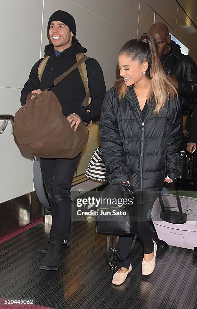 Singer Ariana Grande and boyfriend dancer Ricky Alvarez are seen upon arrival at Haneda Airport on April 11, 2016 in Tokyo, Japan.