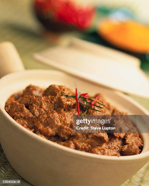 beef rendang in clay pot - beef rendang stock pictures, royalty-free photos & images