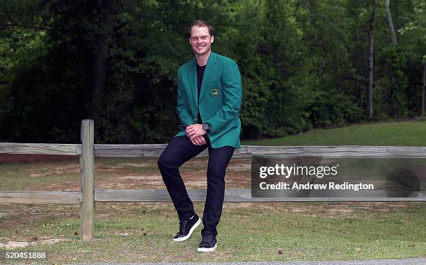 Danny Willett of England, the 2016 Masters champion, poses with his green jacket at his rented house on April 11, 2016 in Augusta, Georgia.