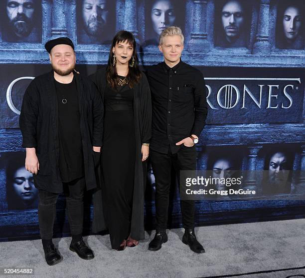 Musicians Ragnar Thorhallsson, Brynjar Leifsson and Nanna Bryndis Hilmarsdottir Of Monsters and Men arrive at the premiere of HBO's "Game Of Thrones"...