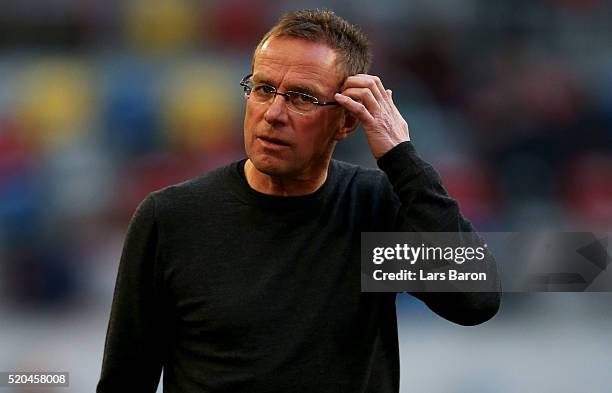 Head coach Ralf Rangnick of Duesseldorf is seen prior to the Second Bundesliga match between Fortuna Duesseldorf and RB Leipzig at Esprit-Arena on...