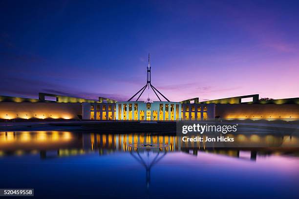the new parliament house at dusk - canberra stock pictures, royalty-free photos & images