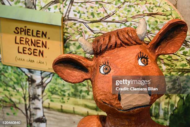 General view of the opening of the exhibition 'Frech, wild & wunderbar - schwedische Kinderbuchwelten' at the Swedish Embassy on April 11, 2016 in...