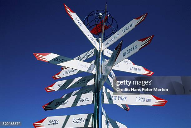 signpost all around the world at the canada place in vancouver, canada - province of new york stock pictures, royalty-free photos & images