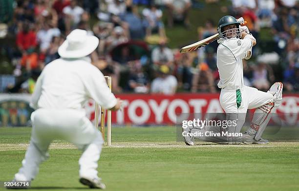 DeVilliers of South Africa hits another four runs during the second day of the fifth test match between South Africa and England at the Centurion...