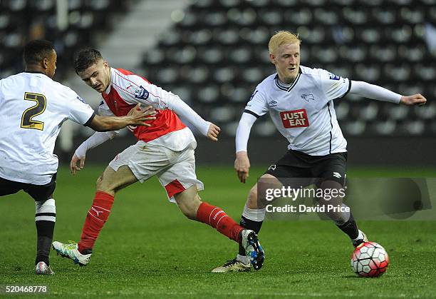 Will Hughes of Derby turns away from Dan Crowley of Arsenal during the Barclays U21 Premier League match between Derby County U21 and Arsenal U21 at...