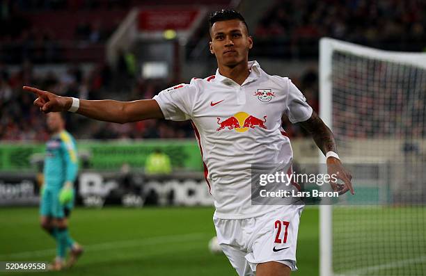 Davie Selke of Leipzig celebrates after scoring his teams second goal during the Second Bundesliga match between Fortuna Duesseldorf and RB Leipzig...