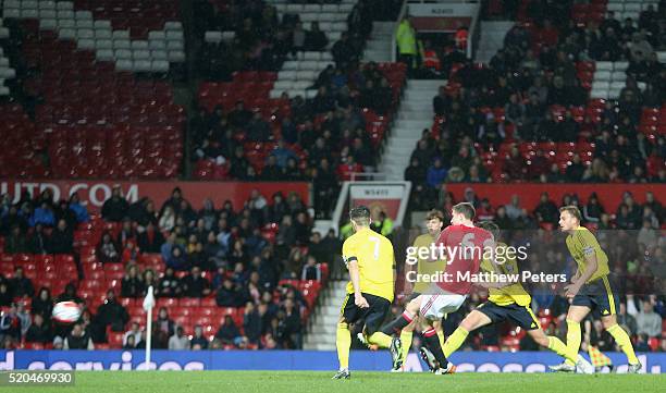 Patrick McNair of Manchester United U21s scores their first goal during the Barclays U21 Premier League match between Manchester United U21s and...