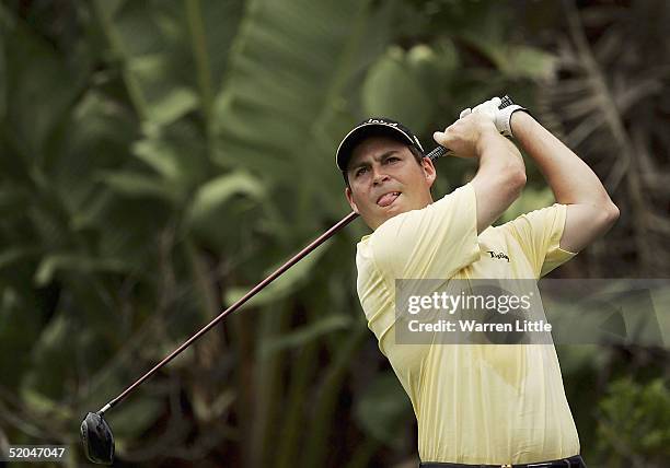 David Howell of England tees off on the fifth hole during the third round of the South African Airways Open at Durban Country Club on January 22,...