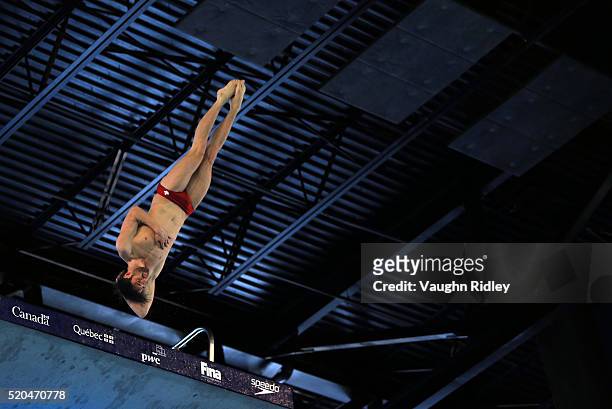Maxim Bouchard of Canada competes in the Men's 10m Final during Day Three of the FINA Diving Grand Prix at Centre Sportif de Gatineau on April 09,...