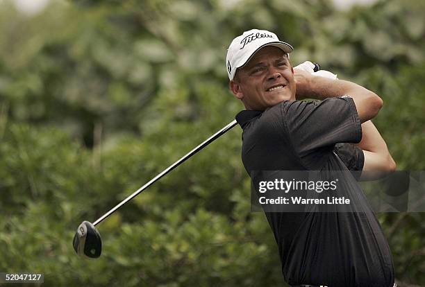 Tjaart Van Der Walt of South Africa tees off on the fifth hole during the third round of the South African Airways Open at Durban Country Club on...