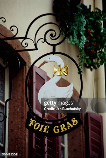 foie gras store sign - riquewihr stock pictures, royalty-free photos & images
