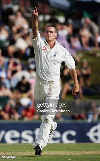 Simon Jones of England celebrates the dismissal of Mark Boucher of South Africa during the second day of the fifth test match between South Africa...