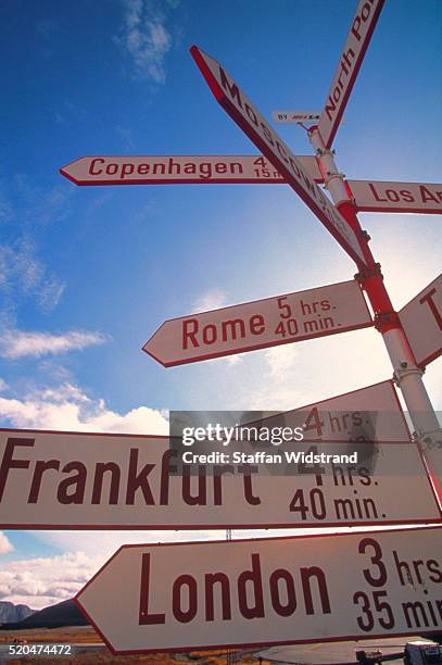 greenland / sondre stromfjord: signpost with flying times to several towns - minutenwijzer stockfoto's en -beelden