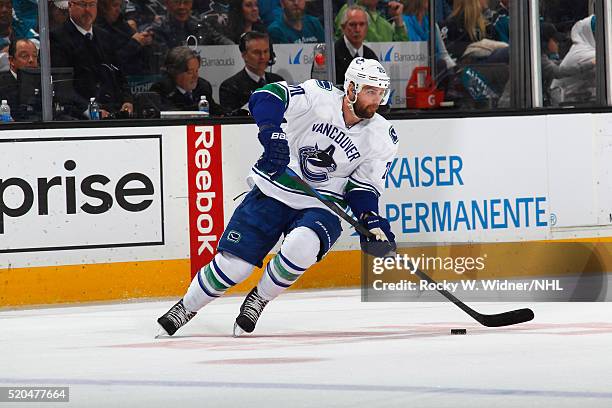 Chris Higgins of the Vancouver Canucks skates with the puck against the San Jose Sharks at SAP Center on March 31, 2016 in San Jose, California.