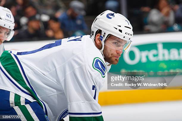 Linden Vey of the Vancouver Canucks looks on during the game against the San Jose Sharks at SAP Center on March 31, 2016 in San Jose, California.