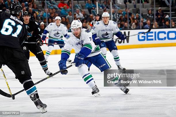 Linden Vey of the Vancouver Canucks skates against the San Jose Sharks at SAP Center on March 31, 2016 in San Jose, California.