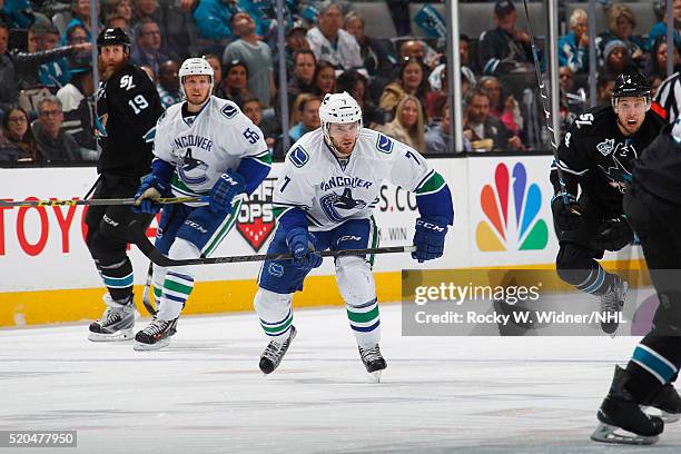 Linden Vey of the Vancouver Canucks skates against the San Jose Sharks at SAP Center on March 31, 2016 in San Jose, California.
