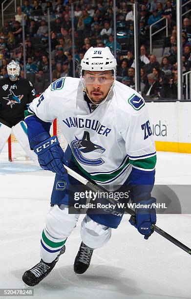 Emerson Etem of the Vancouver Canucks skates against the San Jose Sharks at SAP Center on March 31, 2016 in San Jose, California.