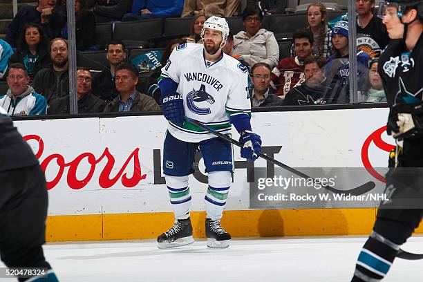 Chris Higgins of the Vancouver Canucks skates against the San Jose Sharks at SAP Center on March 31, 2016 in San Jose, California.