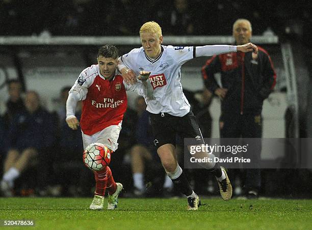 Dan Crowley of Arsenal takes on Will Hughes of Derby during the Barclays U21 Premier League match between Derby County U21 and Arsenal U21 at iPro...