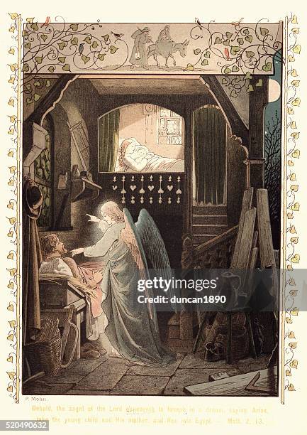 behold the angel of the lord appeareth to joseph - holy family jesus mary and joseph stock illustrations