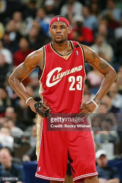 Lebron James of the Cleveland Cavaliers reacts against the Golden State Warriors at the Arena January 22, 2005 in Oakland, California. NOTE TO USER:...