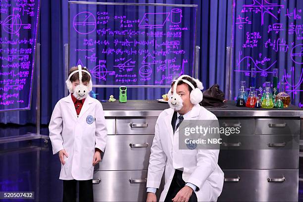 Episode 0452 -- Pictured: Kid inventor Gary Lechinsky with host Jimmy Fallon during Fallonventions on April 11, 2016 --
