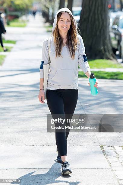 Actress Olivia Wilde spotted out for a jog in Brooklyn this afternoon with a bobble insulate water bottle on April 11, 2016 in New York City.