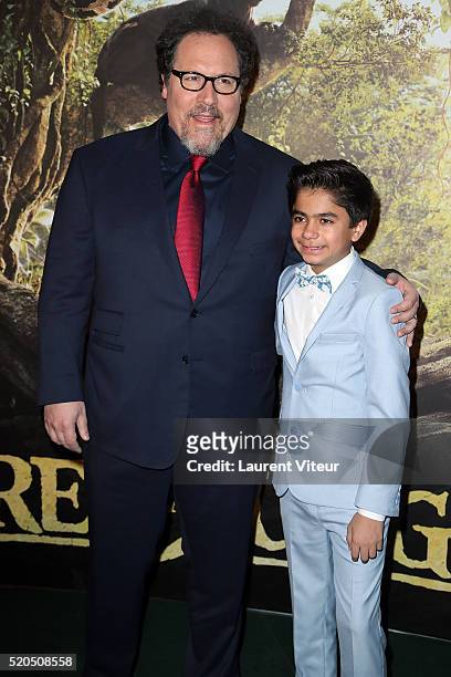 Director Jon Favreau and Actor Neel Sethi attend Le Livre De La Jungle Paris Premiere at Cinema Pathe Beaugrenelle on April 11, 2016 in Paris, France.