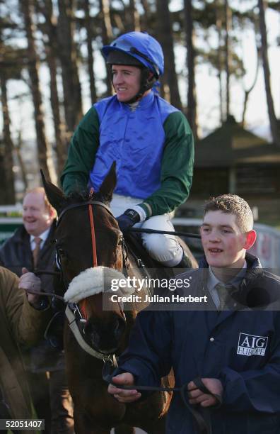 Barry Geraghty and Macs Joy after landing The AIG Europe Champion Hurdle Race run at Leopardstown Racecourse on January 23, 2005 in Dublin, Ireland.