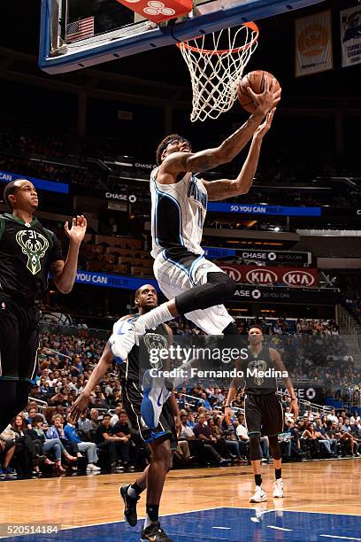 Devyn Marble of the Orlando Magic goes for the layup against the Milwaukee Bucks during the game on April 11, 2016 at Amway Center in Orlando,...