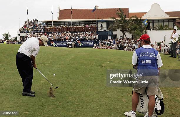 Tim Clark of South Africa plays his final approach shot into the 18th green during the final round of South African Airways Open on the 18th green at...