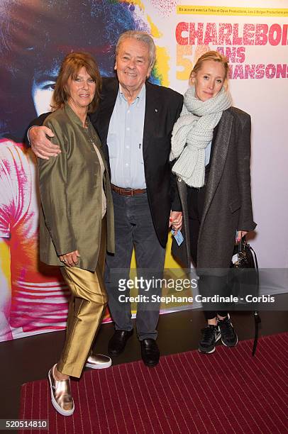 Laurence Charlebois, Alain Delon and producer Odile McDonald at Bobino on April 11, 2016 in Paris, France.