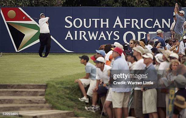 Titch Moore of South Africa tees off on the 18th hole during the final round of South African Airways Open at Durban Country Club on January 23, 2005...
