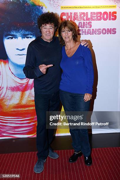 Singer Robert Charlebois poses with his wife Laurence before his "50 ans, 50 chansons" : Concert at Bobino on April 11, 2016 in Paris, France.