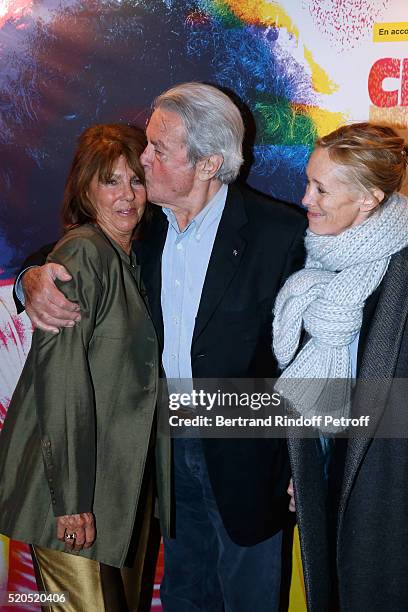 Laurence Charlebois, wife of Robert, actor Alain Delon and Guest attend the Robert Charlebois : "50 ans, 50 chansons" : Concert at Bobino on April...