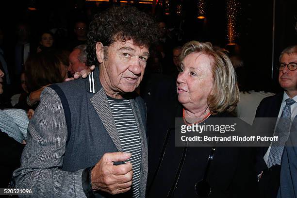Singer Robert Charlebois and Miss francois Pinault, Maryvonne, pose after the Robert Charlebois : "50 ans, 50 chansons" : Concert at Bobino on April...