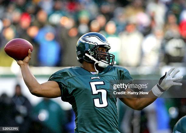 Quarterback Donovan McNabb of the Philadelphia Eagles goes back for a pass in the first quarter against the Atlanta Falcons during the NFC...