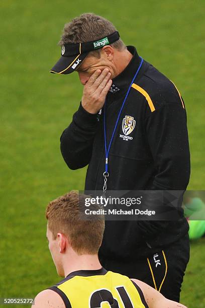 Tigers head coach Damien Hardwick, under pressure for the clubs poor start to the season, looks thoughtful during a Richmond Tigers AFL media session...